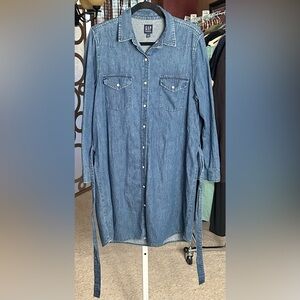 GAP Denim Shirt Dress Western Snap Button Tie Waist Dark Wash L